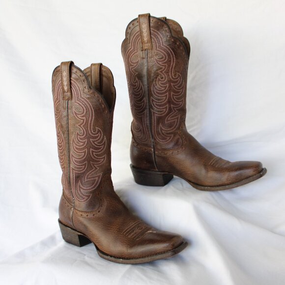 Ariat Round Up Brown leather Western cowboy rodeo equestrian Boots embroidered 8 - Picture 4 of 9
